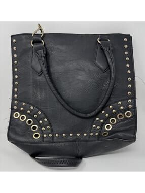 Black Studded Leather Handbag Purse Featuring Gold-Tone Beaded Accents